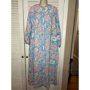 Vtg 70s Private Property Floral Print Zip Front  Cotton Robe Blue Pink  L READ